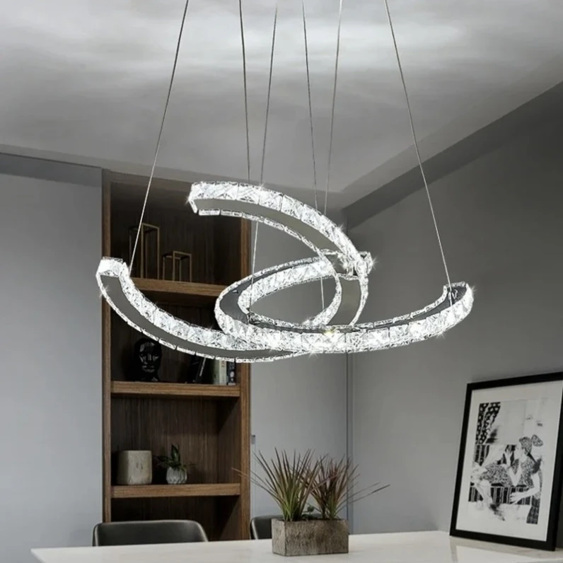 Circular Crystal Lamp Modern LED Pendant Light for Living Dining Room Bedroom Home Lighting Fixtures Stainless Steel Room Decor